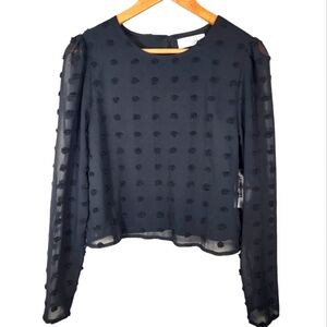 Mod On Trend NWT Puff Sheer Sleeve Top Black Pom Pom Blouse Sz M